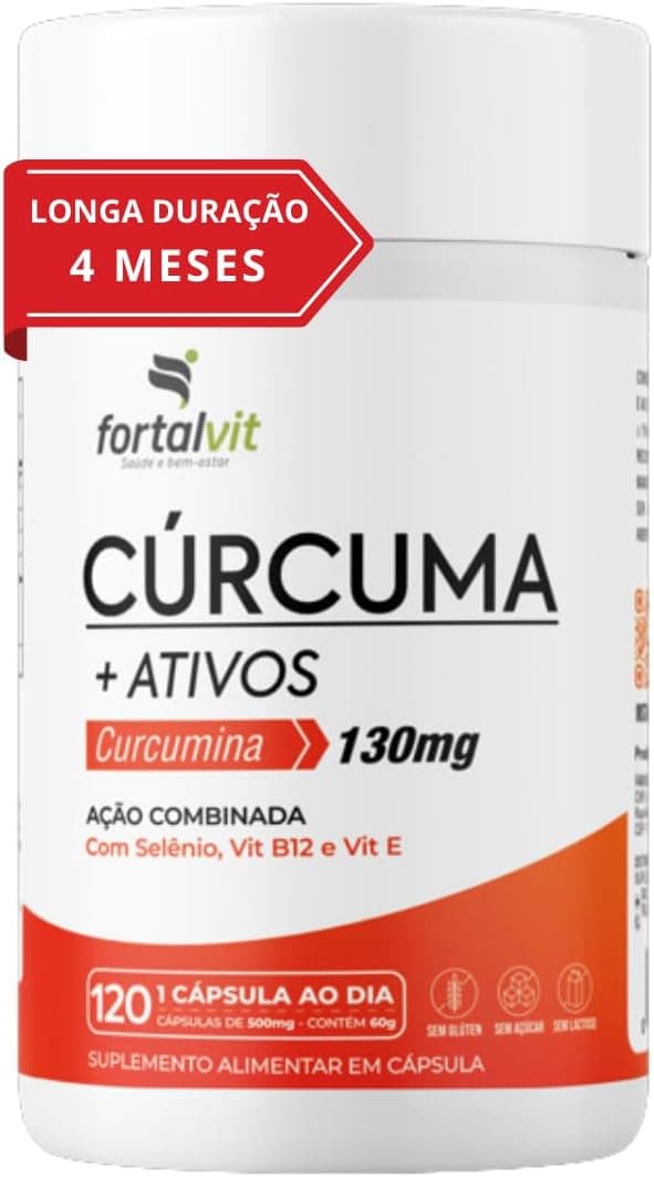 Cúrcuma 120 Cápsulas, 4 Meses de Uso, com Vitamina E, Selênio e B12, Longa Duração 2x Mais, Alto Teor Curcumina, Fortalvit