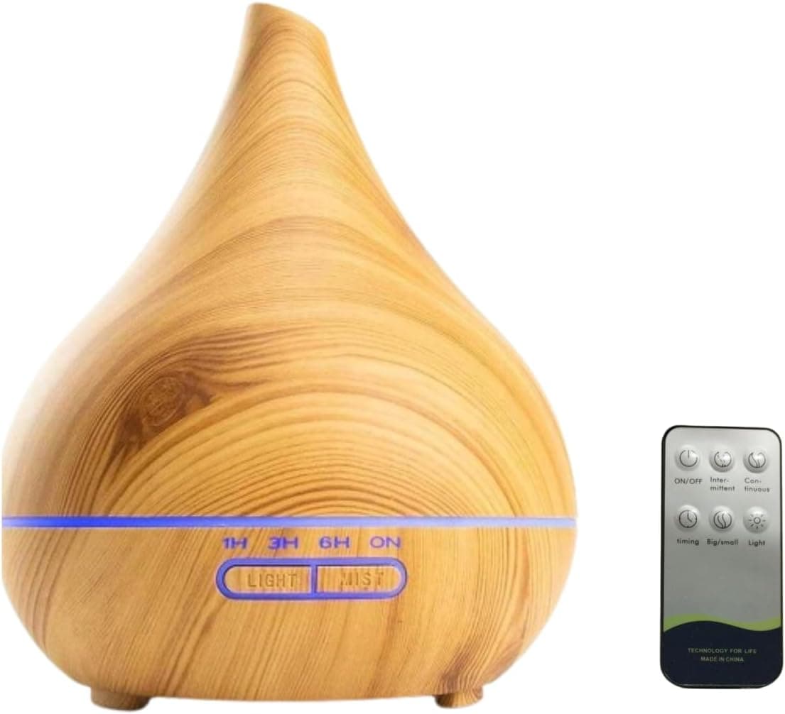 Umidificador Ar Ultrassônico 400ml, Difusor Óleos Essenciais, Aromatizador, Purificador de Ar Com Led 7 Cores, Com Controle Remoto, Temporizador De Até 8hrs, Desligamento Automático (Madeira Clara)