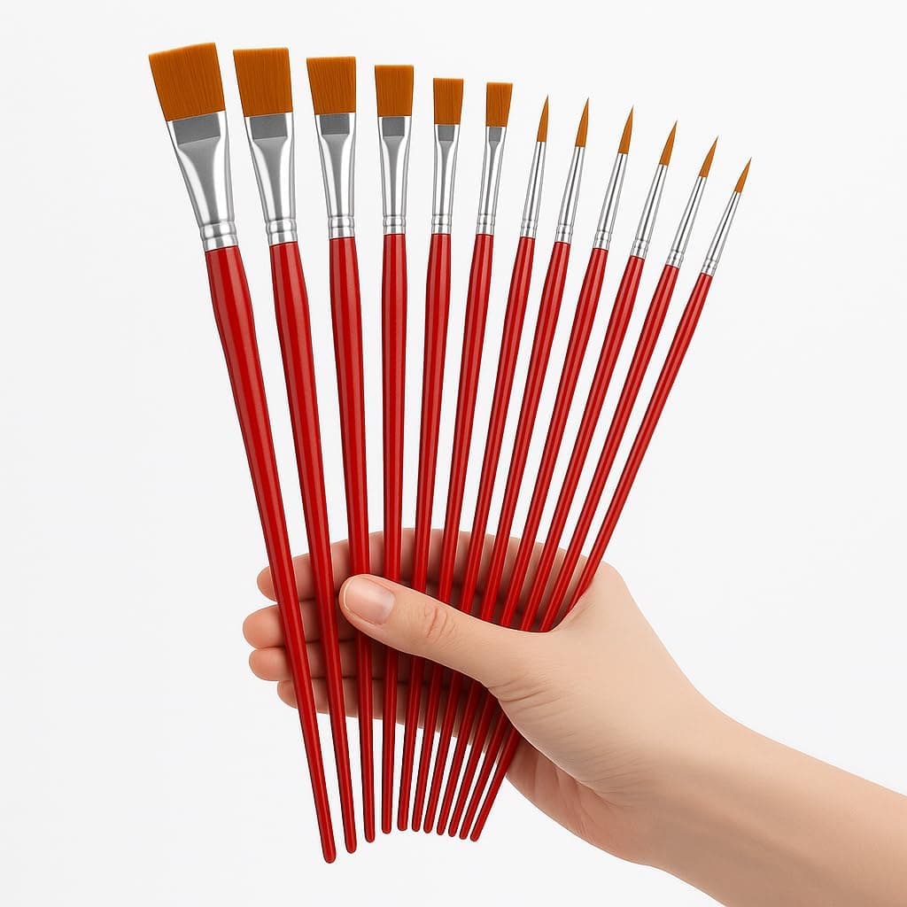 Kit com 12 Píncéis para Pintura Artesanato, Ponta Chata, Ponta Redonda, Ponta Fina - Aquarela, Desenho